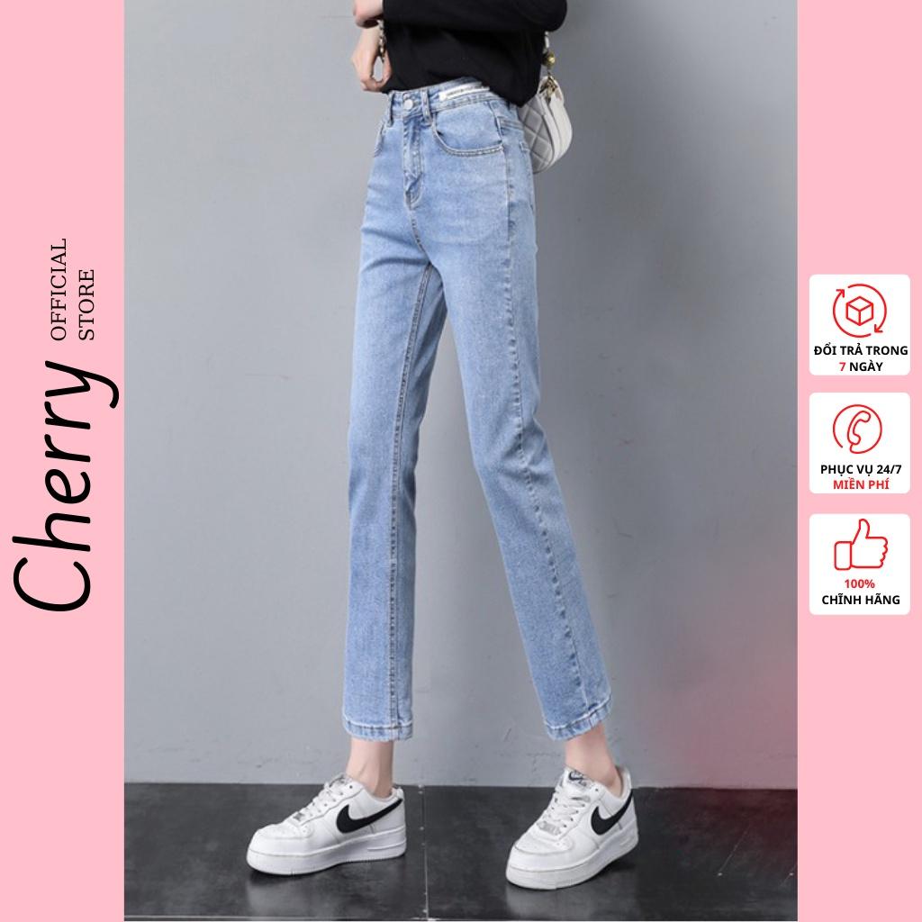 Quần jean nữ ống đứng dáng lửng co giãn cao cấp phong cách Hàn Quốc, quần bò nữ ống ngắn suông có co giãn CHERRY T029