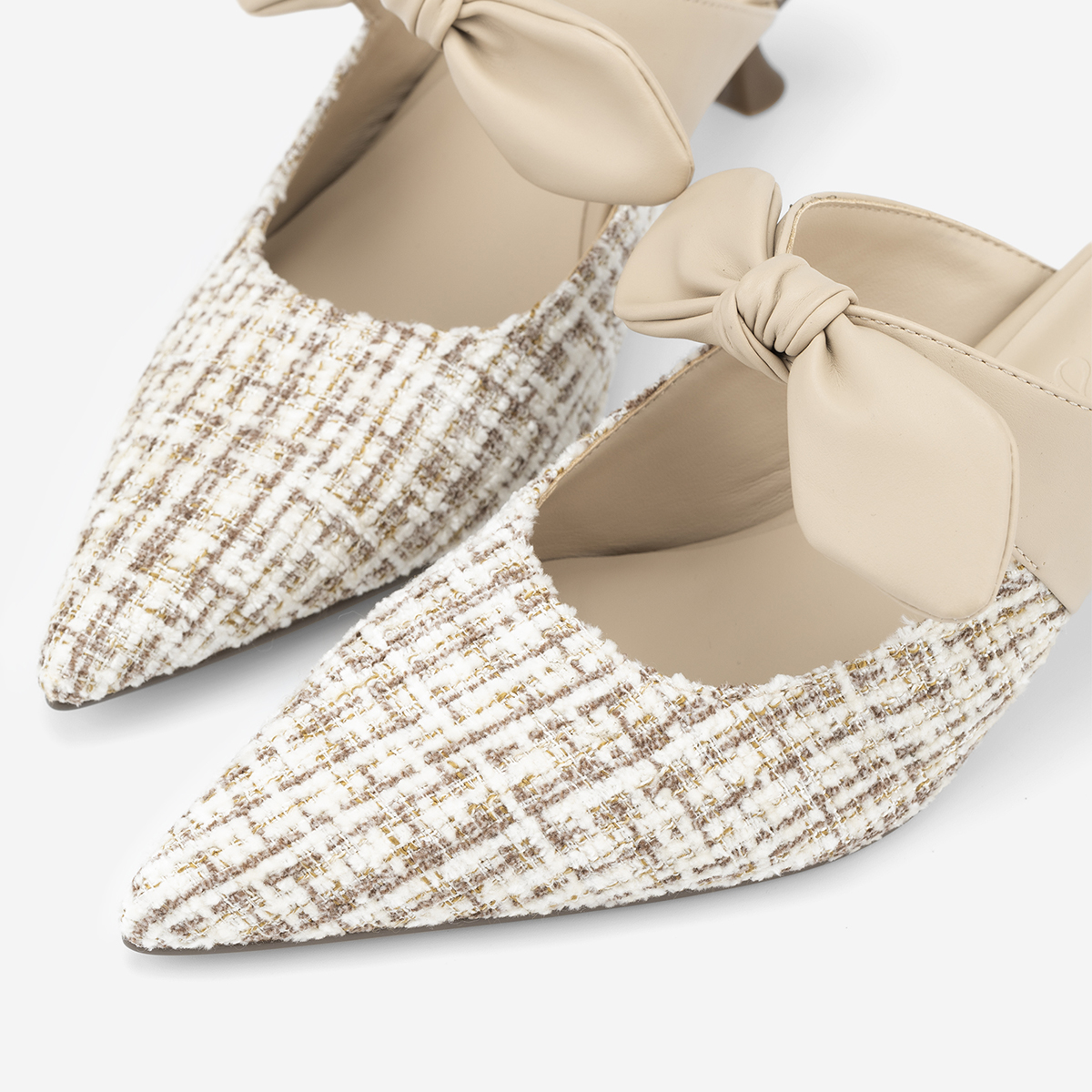 Vascara Guốc Mules Phối Vải Tweed Quai Thắt Nơ - GNN 0219