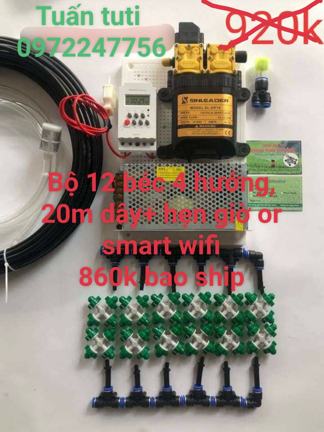 Bộ Tưới Phun Sương Tự Động 12 Béc 4 Hướng cho Giàn Lan, Hoa Cây Cảnh, Trồng Rau