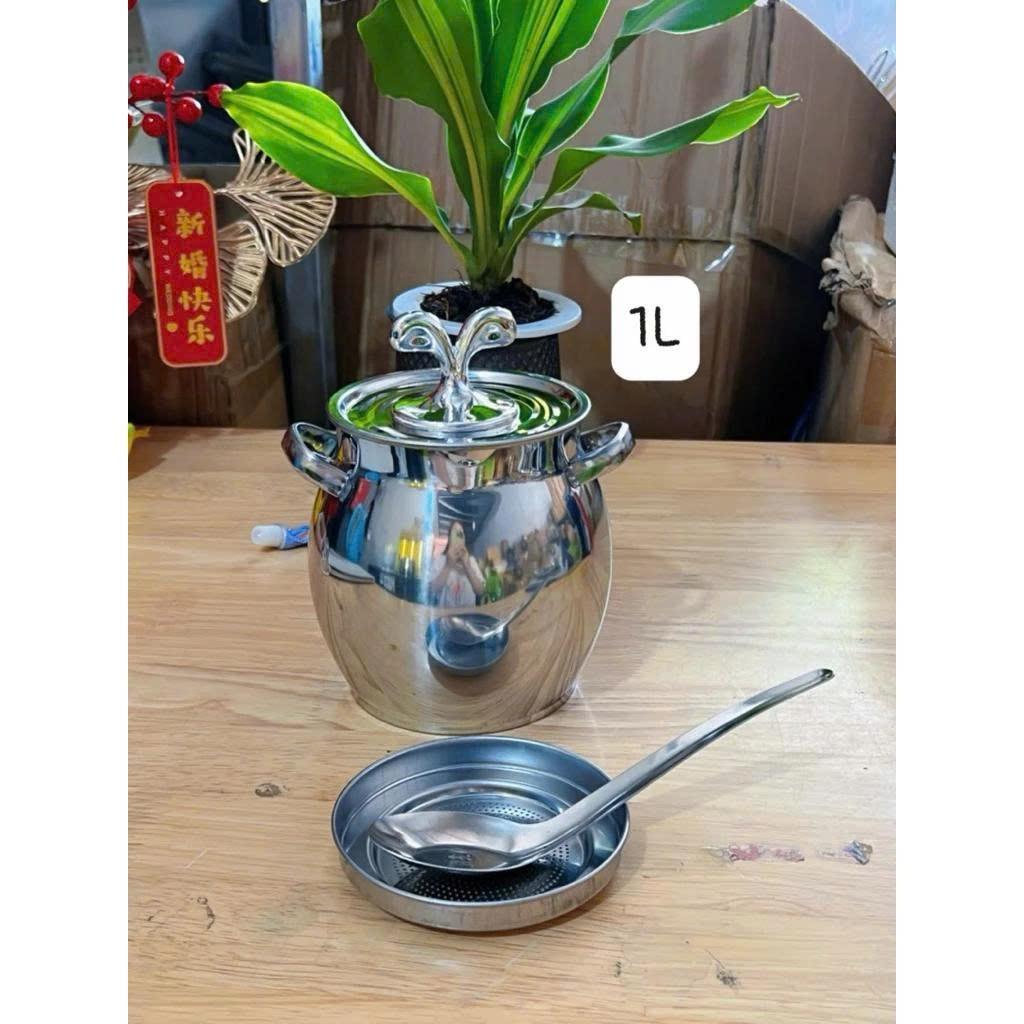 Âu tròn inox 304 không gỉ có nắp đậy size 1 lít, Thố inox có tay cầm đựng thức ăn, tích trữ dầu mỡ đa năng