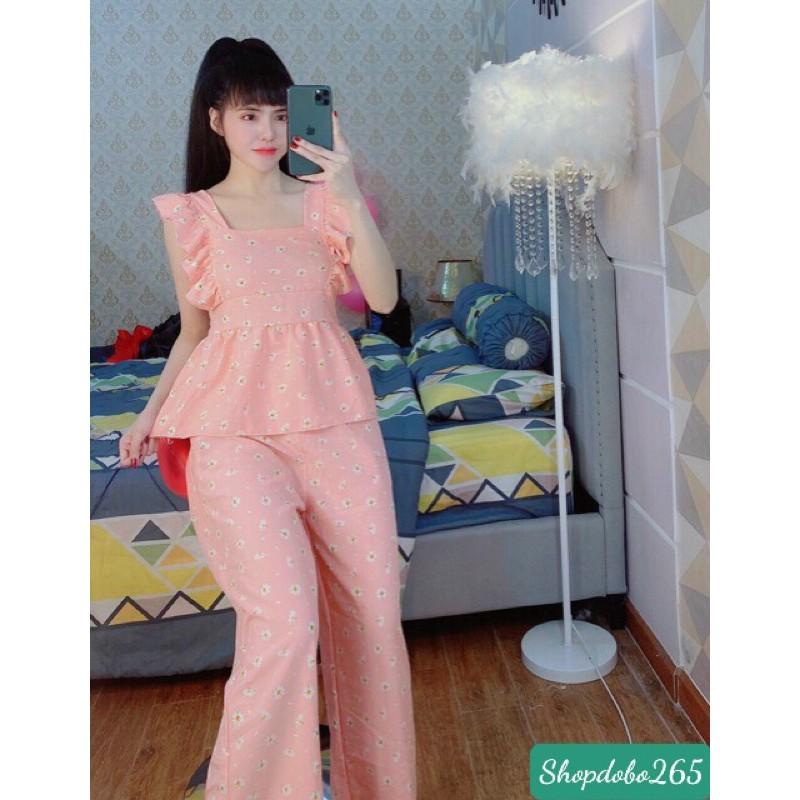 Set đồ nữ,đồ bộ nữ,đồ ngủ mặc nhà vải lụa hoa nhí quần ống rộng thời trang.