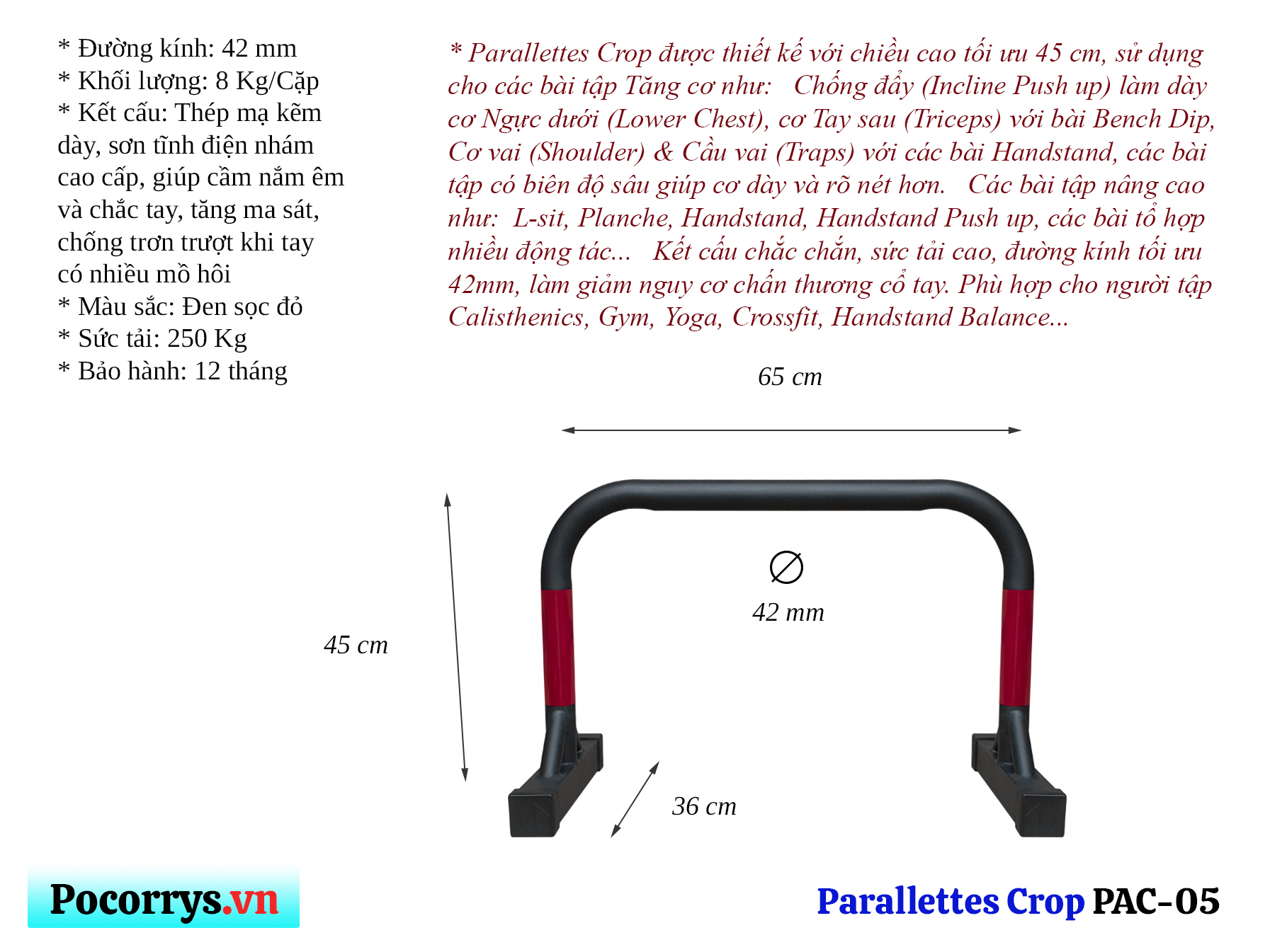 Combo 2 bộ Xà kép Parallettes Crop &amp; Push Up cao 45 - 18cm