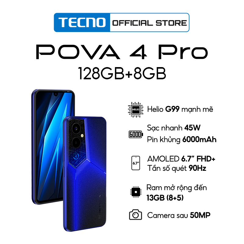 Điện thoại Gaming Tecno POVA 4 PRO 8GB/128GB - Media Tek G99 | 6000 mAh | Sạc nhanh 45W - Hàng Chính Hãng