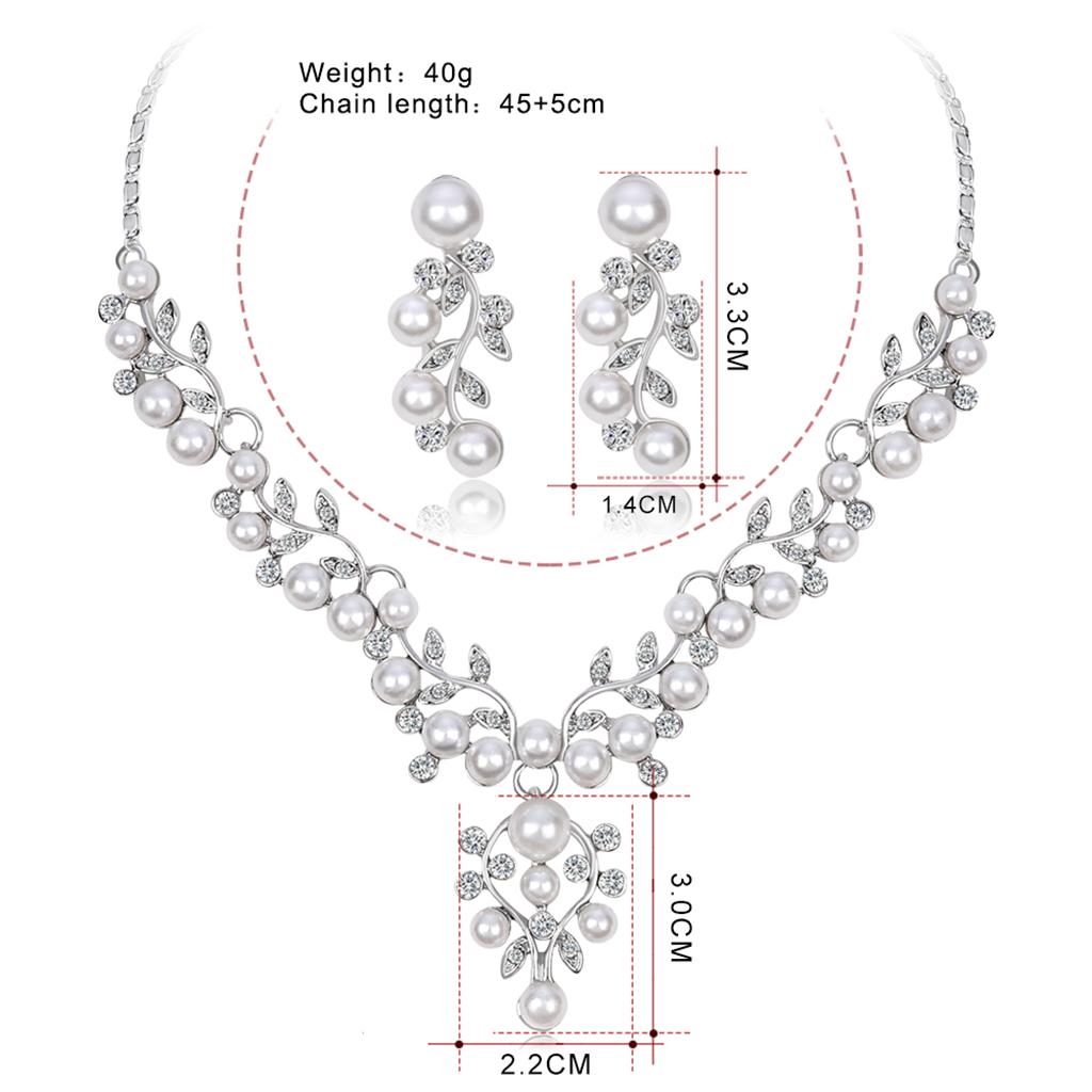 Crystal Rhinestone Pearl Flower Leaf Necklace Earrings Set Wedding Jewelry