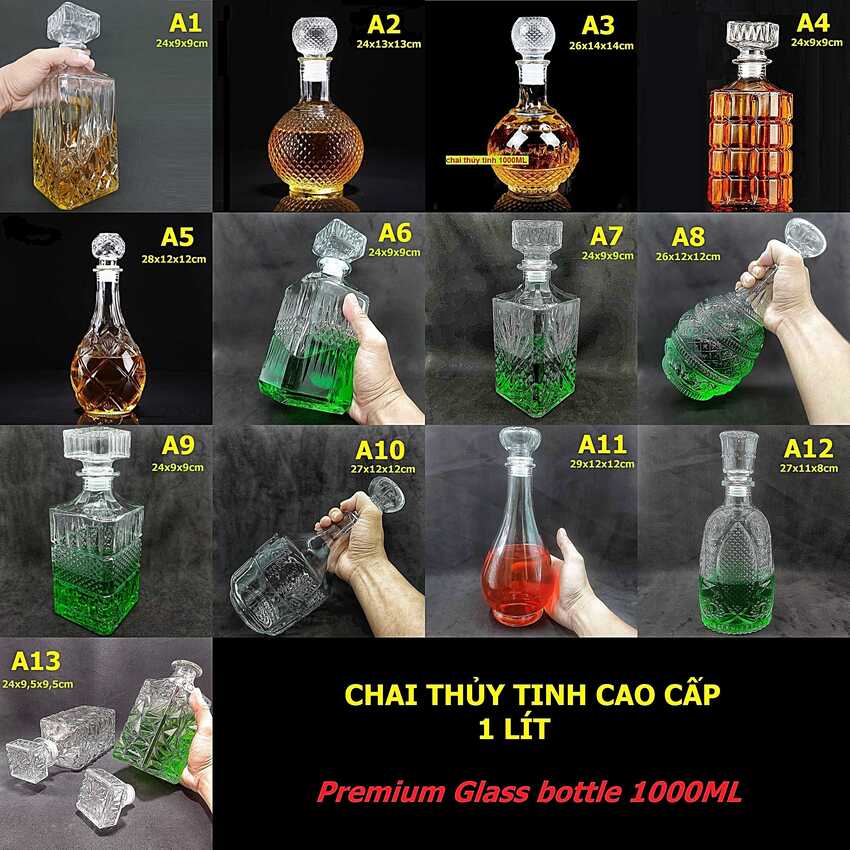 Chai Thủy Tinh Đựng Rượu 1 Lít – 15 mẫu lựa chọn – Vỏ Chai Rượu Đẹp 1000ML làm quà tân gia , sinh nhật, quà biếu tết ý nghĩa