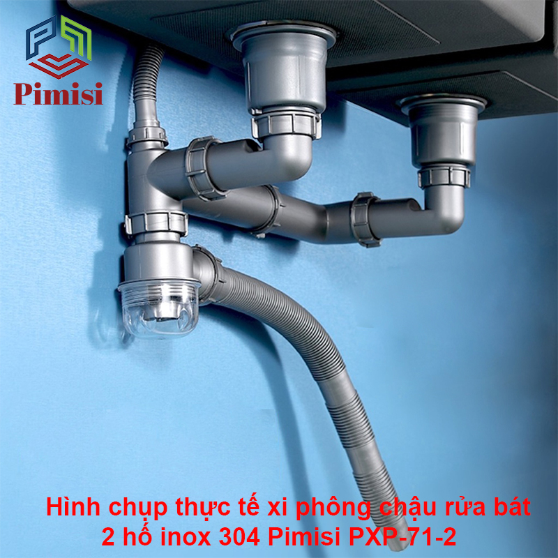Bộ xi phông chậu rửa bát 2 hố phi 110 inox 304 Pimisi dùng để xả nước chậu rửa chén 2 hộc - có đầu thoát tràn | Hàng chính hãng