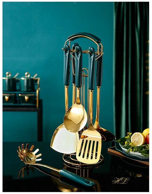 Bộ môi xẻng nhà bếp 6 món màu inox vàng cán sứ xanh cổ vịt phong cách Châu Âu sang chảnh