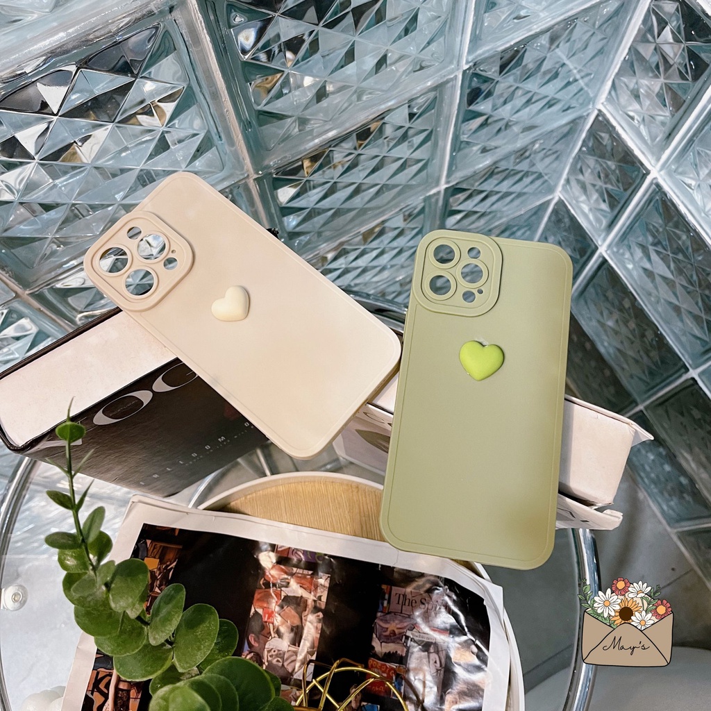 Ốp iPhone Silicon màu xanh matcha màu kem có kính bảo vệ camera hình trái tim cho iPhone 14, 13, 12, 14 Plus, Pro Max