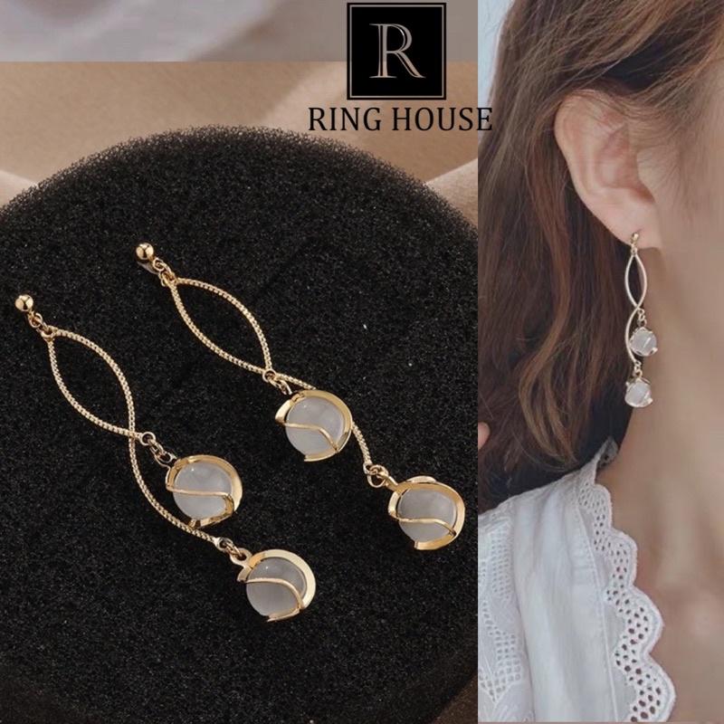 (Chuôi bạc 925) Khuyên tai nữ bông tai nữ hoa thả đá mắt mèo sáng đẹp dự tiệc Ring House