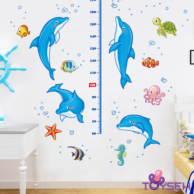 Decal dán tường thước đo chiều cao cho bé hình cá heo xanh - Trang trí decor phòng cho bé - Quà Tặng sinh nhật cho trẻ