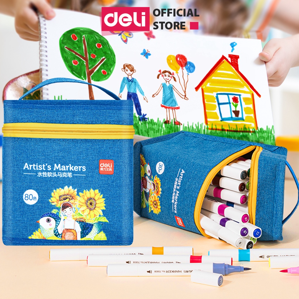 Bút Màu Marker 2 Đầu Túi Vải Deli - Mực Có Thể Rửa Được - Có Đầu Brush Và Vát - 30 Màu40Màu60Màu80Màu - 70808 - 60 Màu