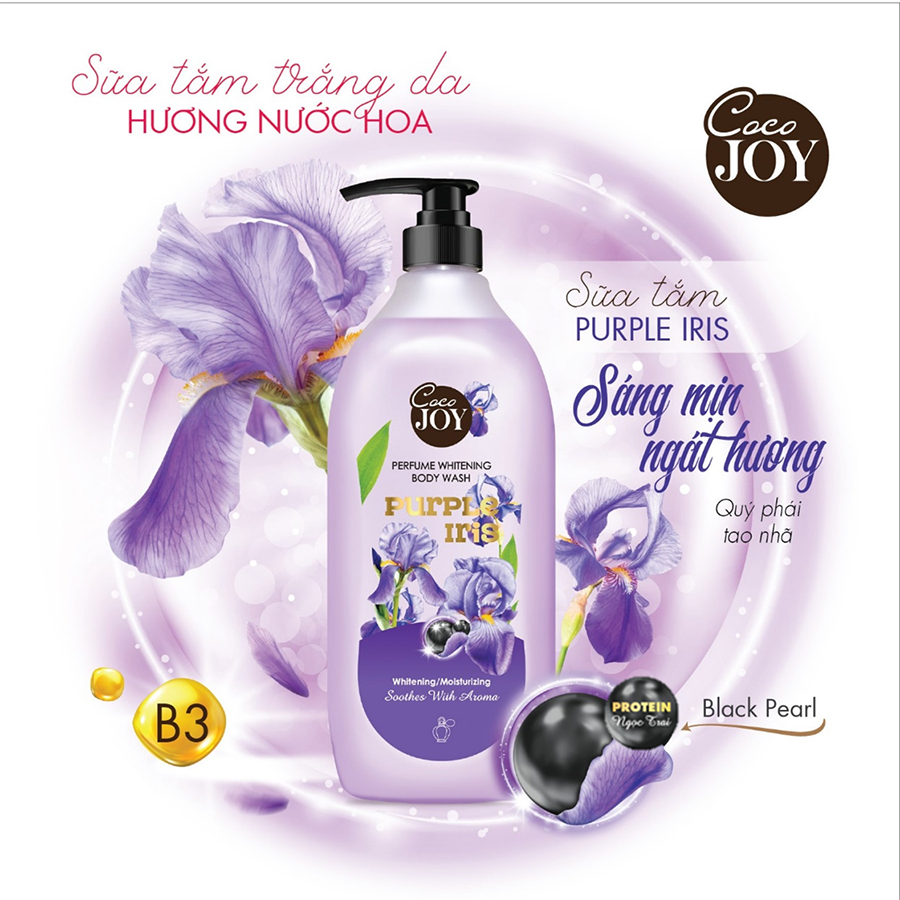 Sữa tắm trắng da hương nước hoa Cocojoy chiết xuất hoa Purple Iris và protein ngọc trai, dưỡng trắng, cấp ẩm, thơm lâu 6g, 500g, 900g