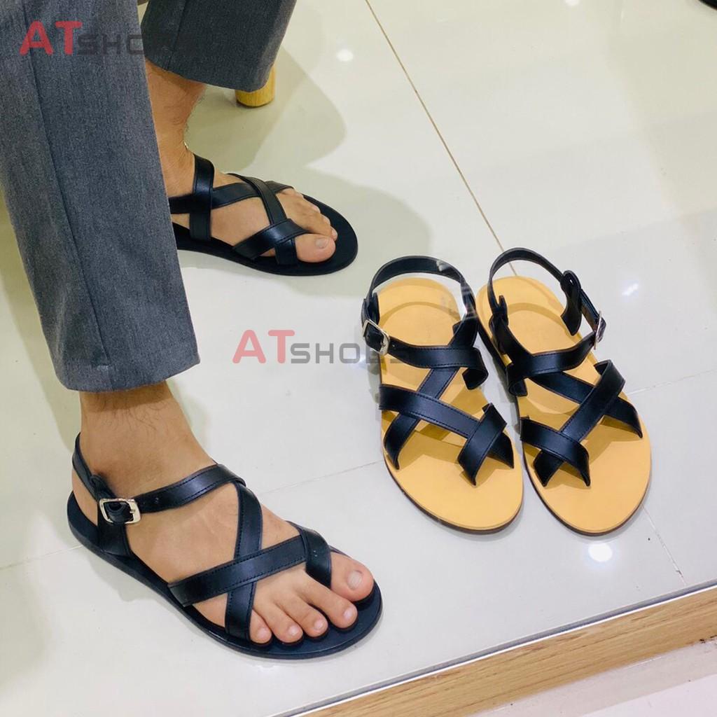 Dép Sandal Unisex cc Da Bò - Sandal xỏ ngón nam nữ kiểu HQ Trẻ Trung Atshoes AT40 (Đen Đế vàng)