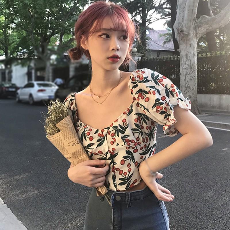 Áo Kiểu Tay Phồng Cổ Vuông Hoạ Tiết Hoa Phong Cách Vintage