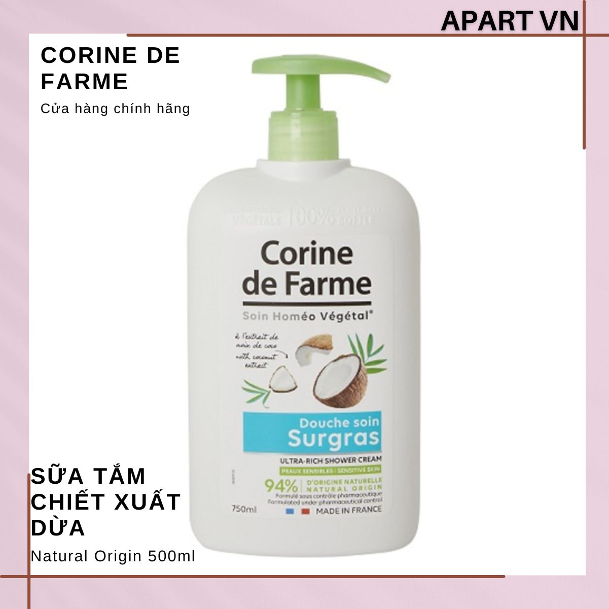 [ Tặng muối tắm 100g ] Sữa tắm dưỡng da Corine de Farme chiết xuất dừa 750ML