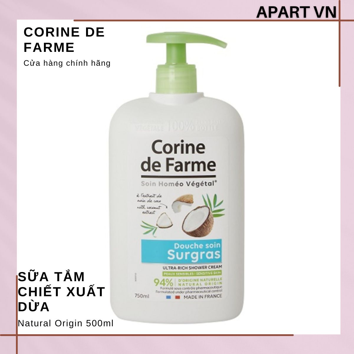 Sữa tắm dưỡng da Corine de Farme chiết xuất dừa 750ML