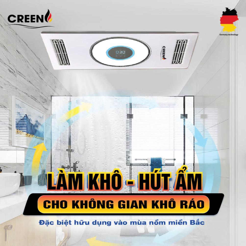 Quạt sưởi nhà tắm âm trần Creen, máy sưởi đa năng điều hoà phòng tắm sưởi ấm - thông gió - khử mùi, có điều khiển, có đèn Led - Hàng chính hãng