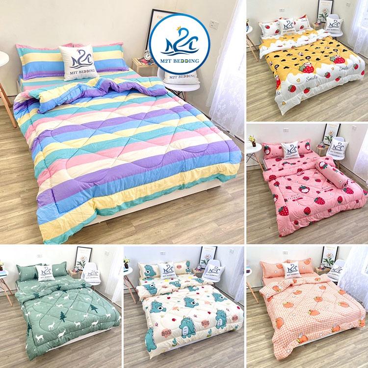 Bộ chăn ga gối Cotton poly M2T Bedding, chăn phao siêu nhẹ dày ấm họa tiết drap mền đáng yêu
