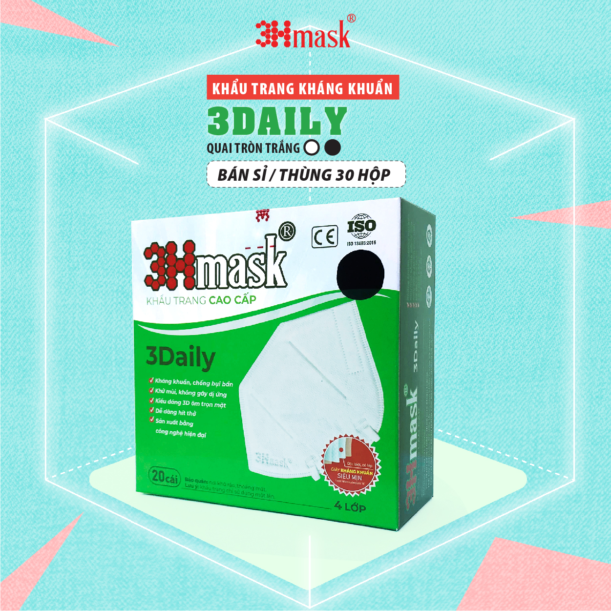 [Thùng 30 hộp] Khẩu Trang 3Hmask 3Daily Quai Tròn Đen (20 cái x 30 hộp)