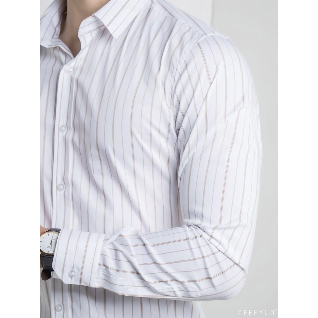 Áo Sơ Mi Nam Họa Tiết Kẻ Sọc Nâu CEFFYLO 2, Vải Cotton Mềm Mịn, Form Chuẩn