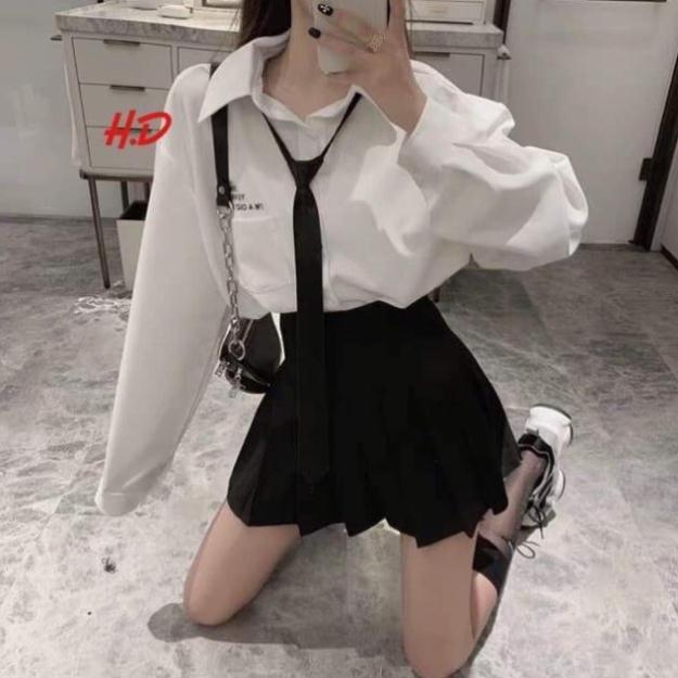 Áo sơ mi trắng nữ kèm cavat, áo sơ mi tay lỡ dáng thụng có cavat ND9