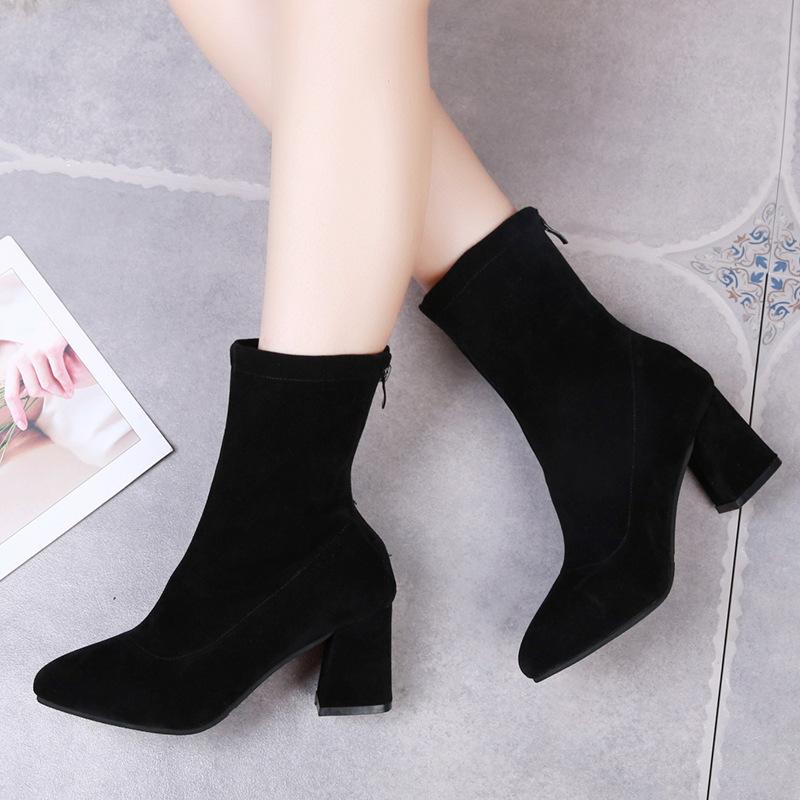 Giày Nữ Mũi Nhọn Ngắn Giày Cao Gót Stovepipe Gót Dày Co Giãn Tất Giày Giày Bốt Martin Nữ Dây Kéo Sau Lưng