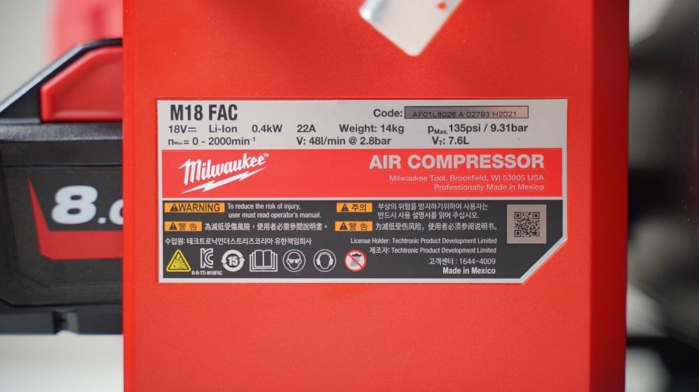 MÁY NÉN KHÍ PIN MILWAUKEE M18 FAC-0 (TẶNG PIN 12AH + SẠC M12-18C) - HÀNG CHÍNH HÃNG