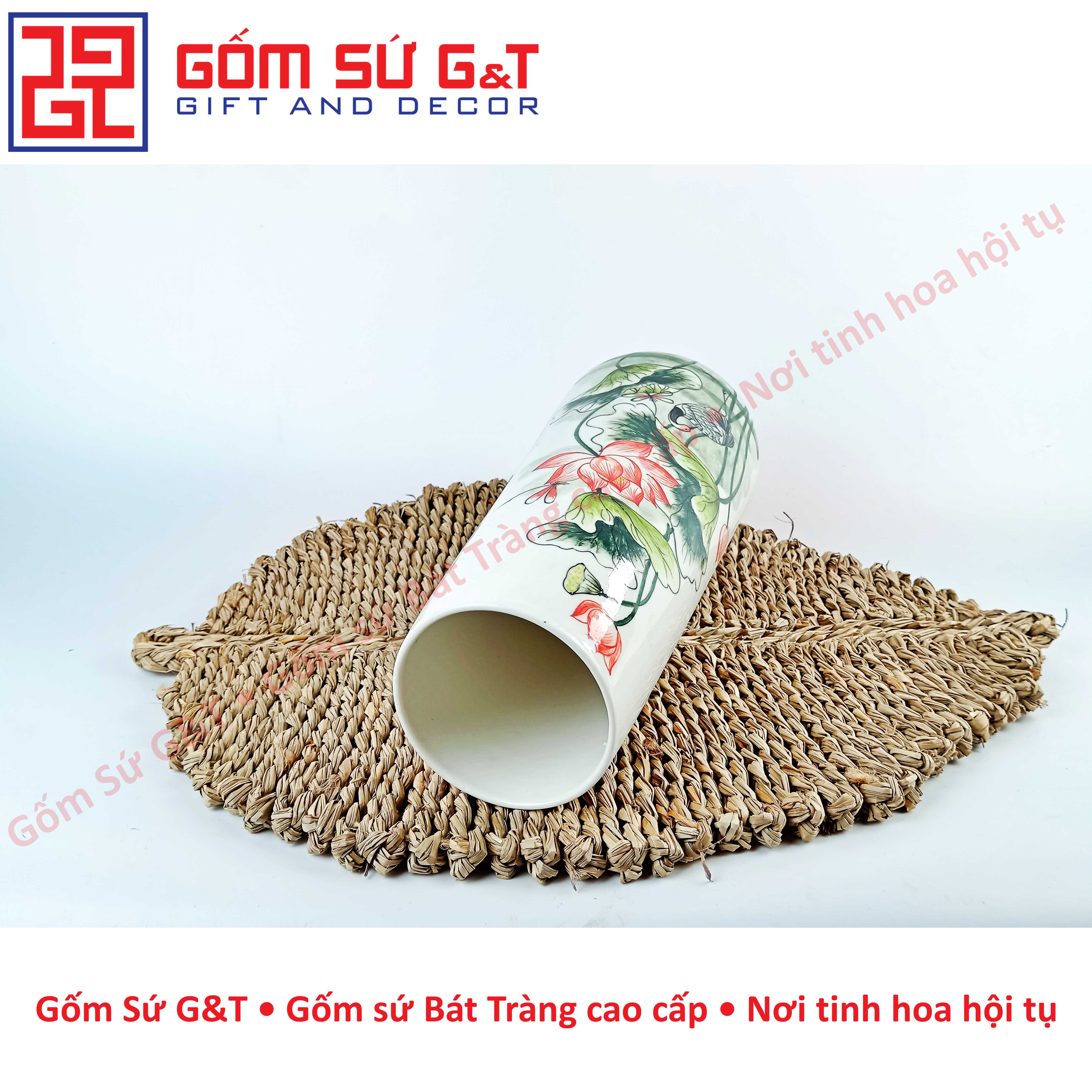 Lọ hoa dáng ống vẽ sen hạc Gốm Sứ G&amp;T