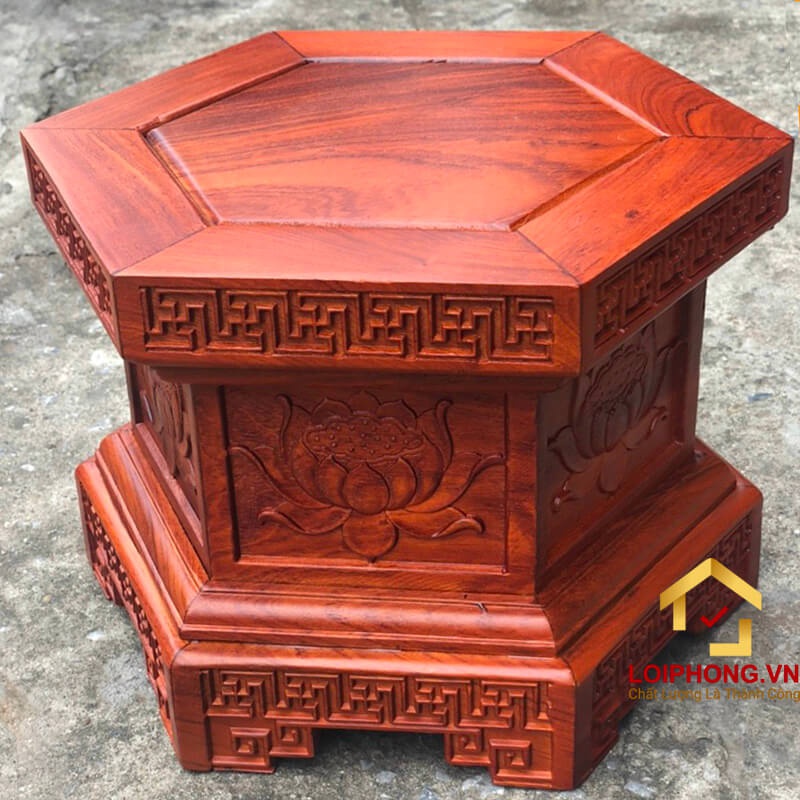 Đôn lục lăng triện hoa sen gỗ Hương đá dùng kê tượng mặt 35 cm cao 20cm