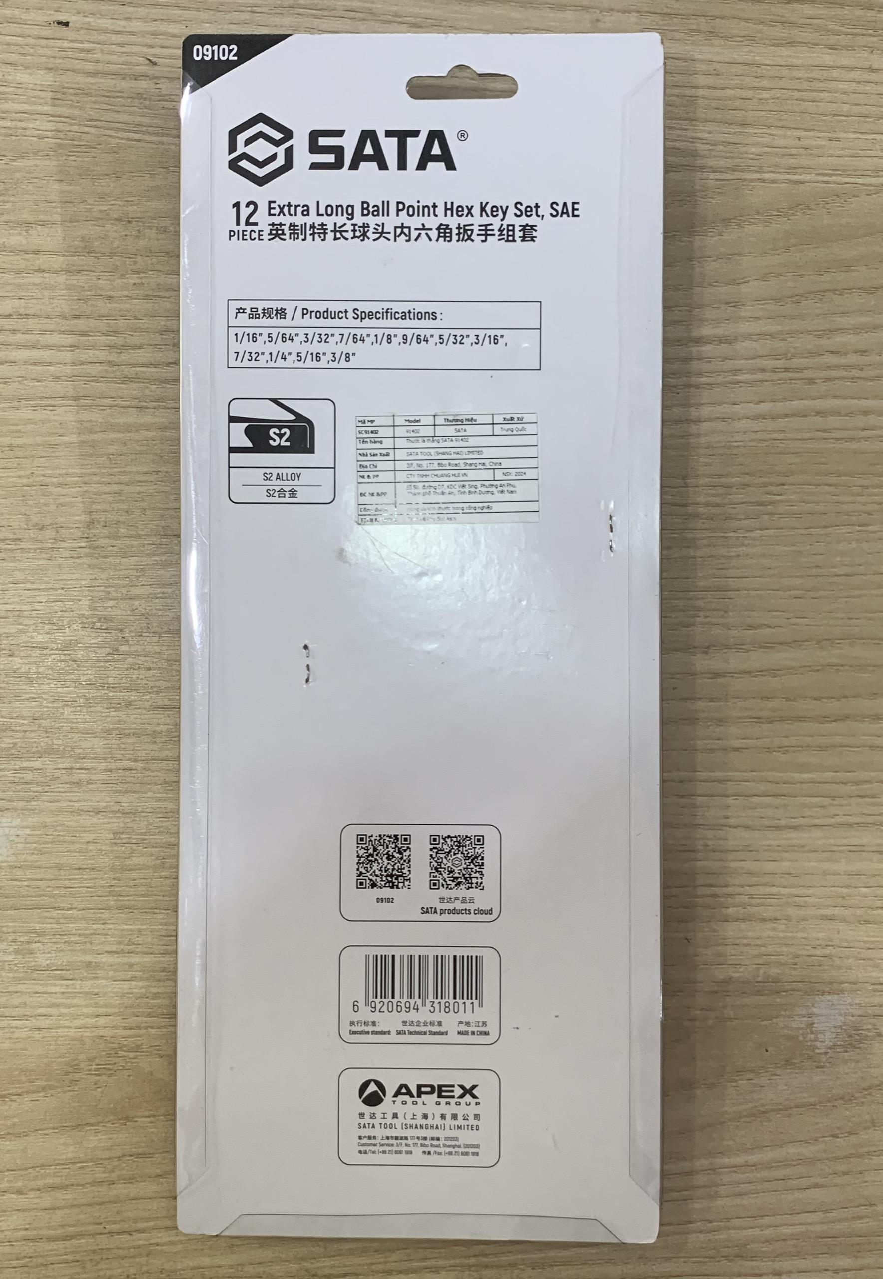 Bộ lục giác đầu bi 12 cái tay dài SATA 09102 hệ inch
