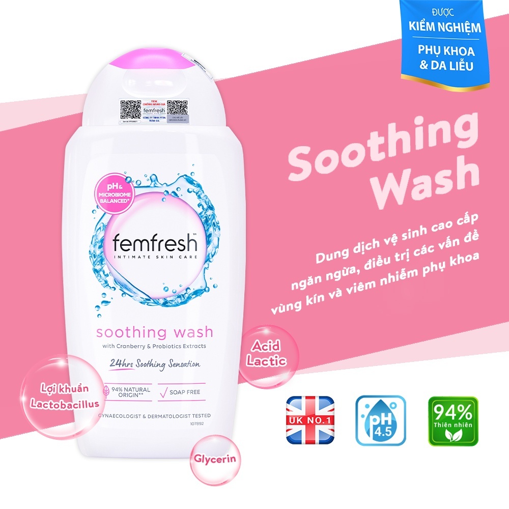 Dung dịch vệ sinh phụ nữ cao cấp Femfresh Soothing Wash 250ml - Hồng