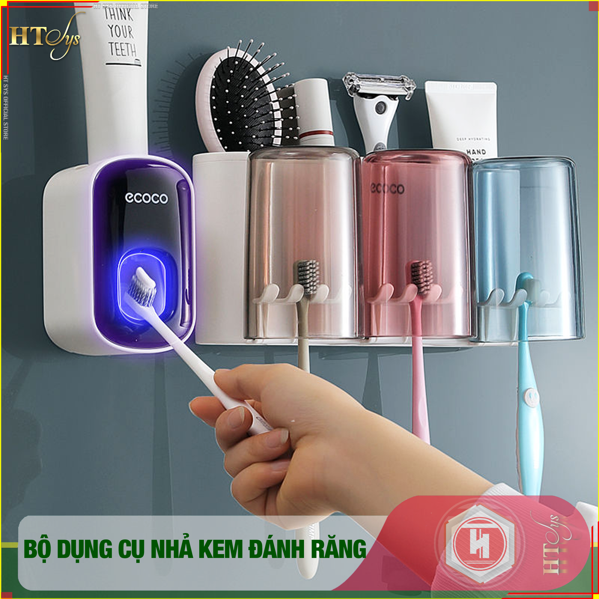 Bộ dụng cụ nhả kem đánh răng tự động 03 cốc và giá treo bàn chải đa năng HT SYS-ECOCO-E1922-chất liệu ABS cao cấp