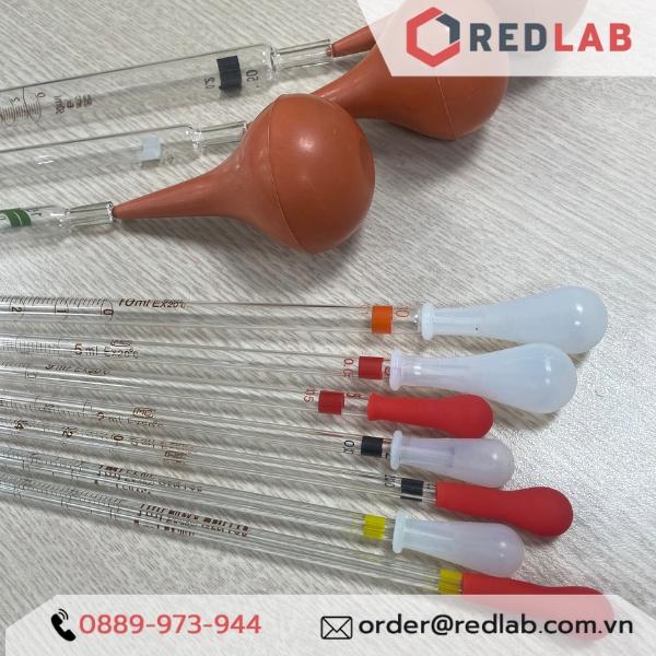 Combo pipet thủy tinh loại dài có chia vạch nhiều thể tích 1ml 2ml 5ml 10ml kèm quả bóp Silicon