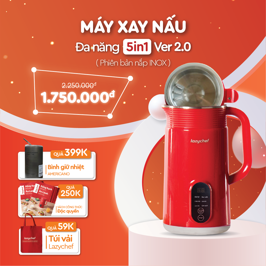 Máy Làm Sữa Hạt 5in1 Lazychef - Lô Mới 6 Lưỡi Dao Kép - Máy Xay Sinh Tố, Máy Làm Sữa Hạt - Dung Tích 800ml, Bảo Hành 12