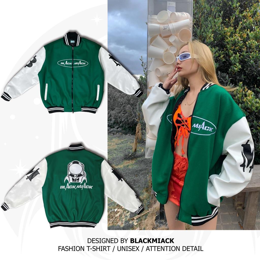 Áo Khoác Bomber Varsity Nỉ Dạ, tay Da, Full Thêu BLACKMIACK Varsity Jacket BM1