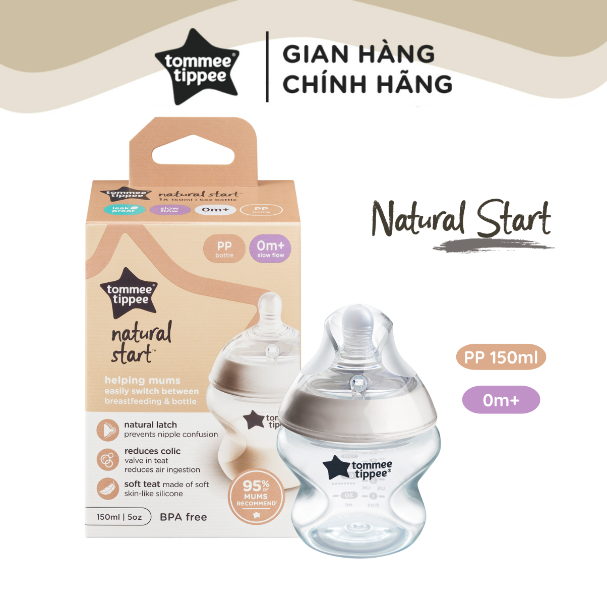 Bình Sữa Ty Siêu Mềm Tự nhiên Tommee Tippee Natural Start 150ml, Núm Ty Của Bình 0-3 tháng