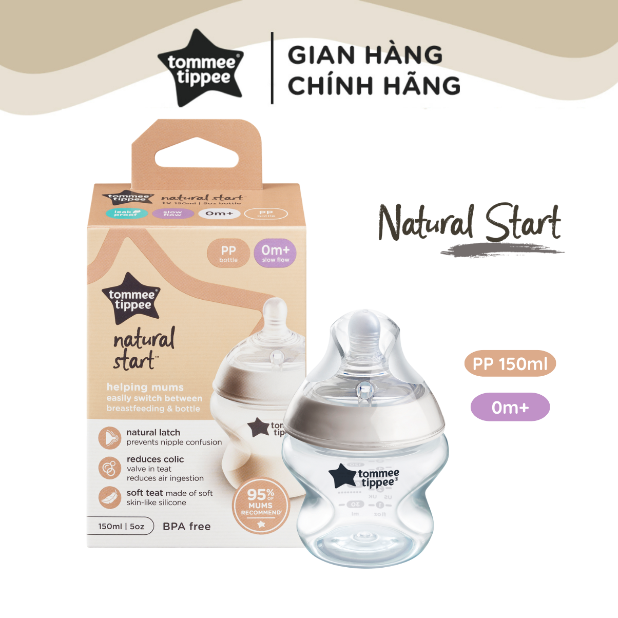 Bình sữa ty siêu mềm tự nhiên Tommee Tippee Natural Start 150ml, núm ty đi kèm 0-3 tháng