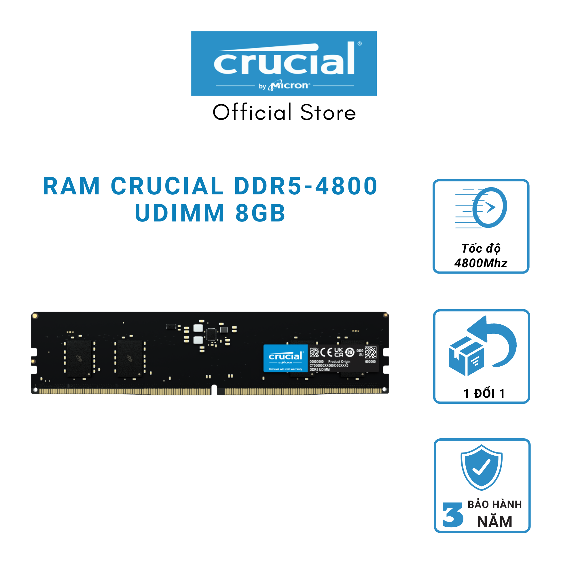 Ram PC Crucial DDR5 8GB Bus 4800 – CT8G48C40U5 - Hàng chính hãng