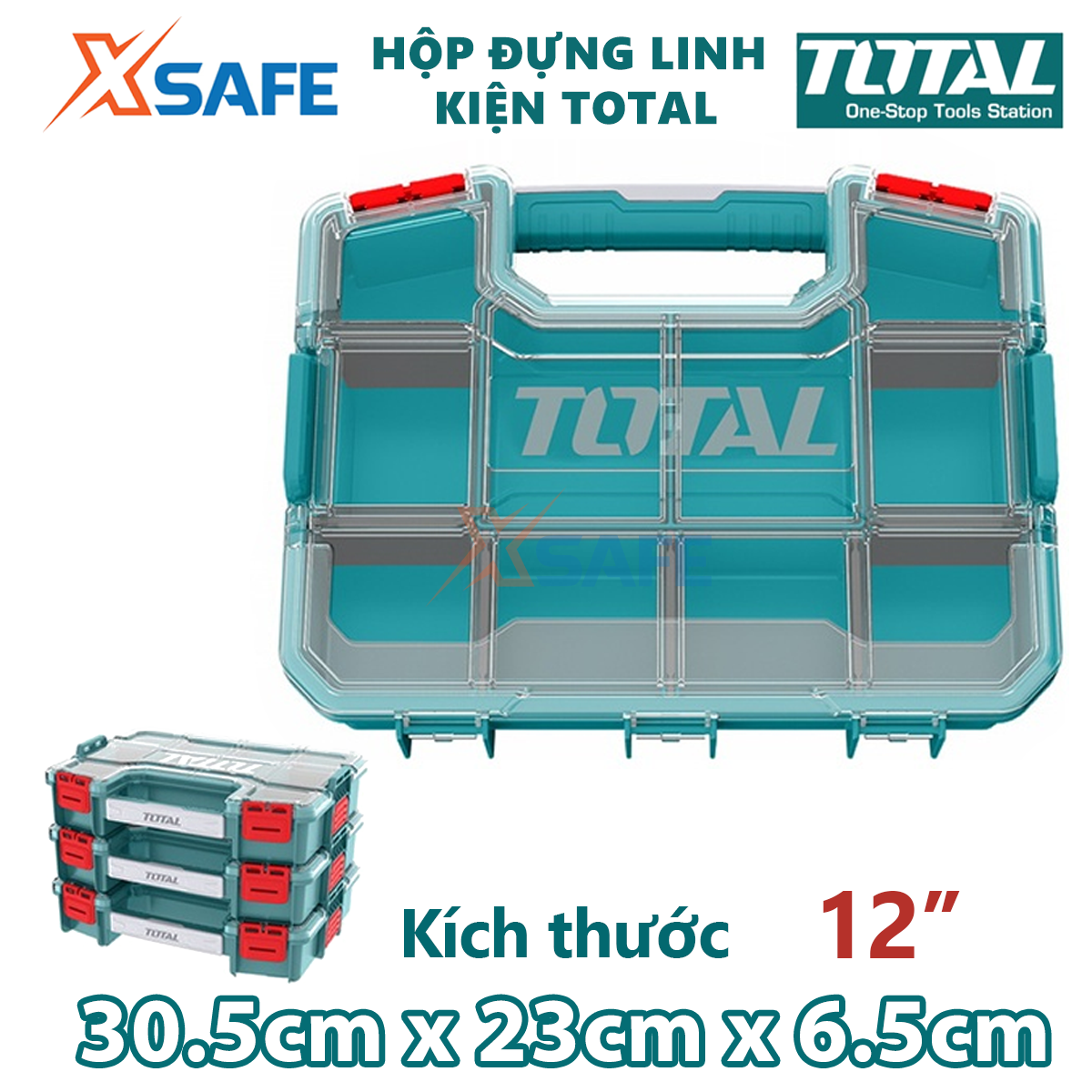 Hộp nhựa đựng linh kiện TOTAL TPBX1121 khóa nhựa, chất liệu nhựa PP, vách ngăn tháo rời, các hộp xếp chồng được lên nhau