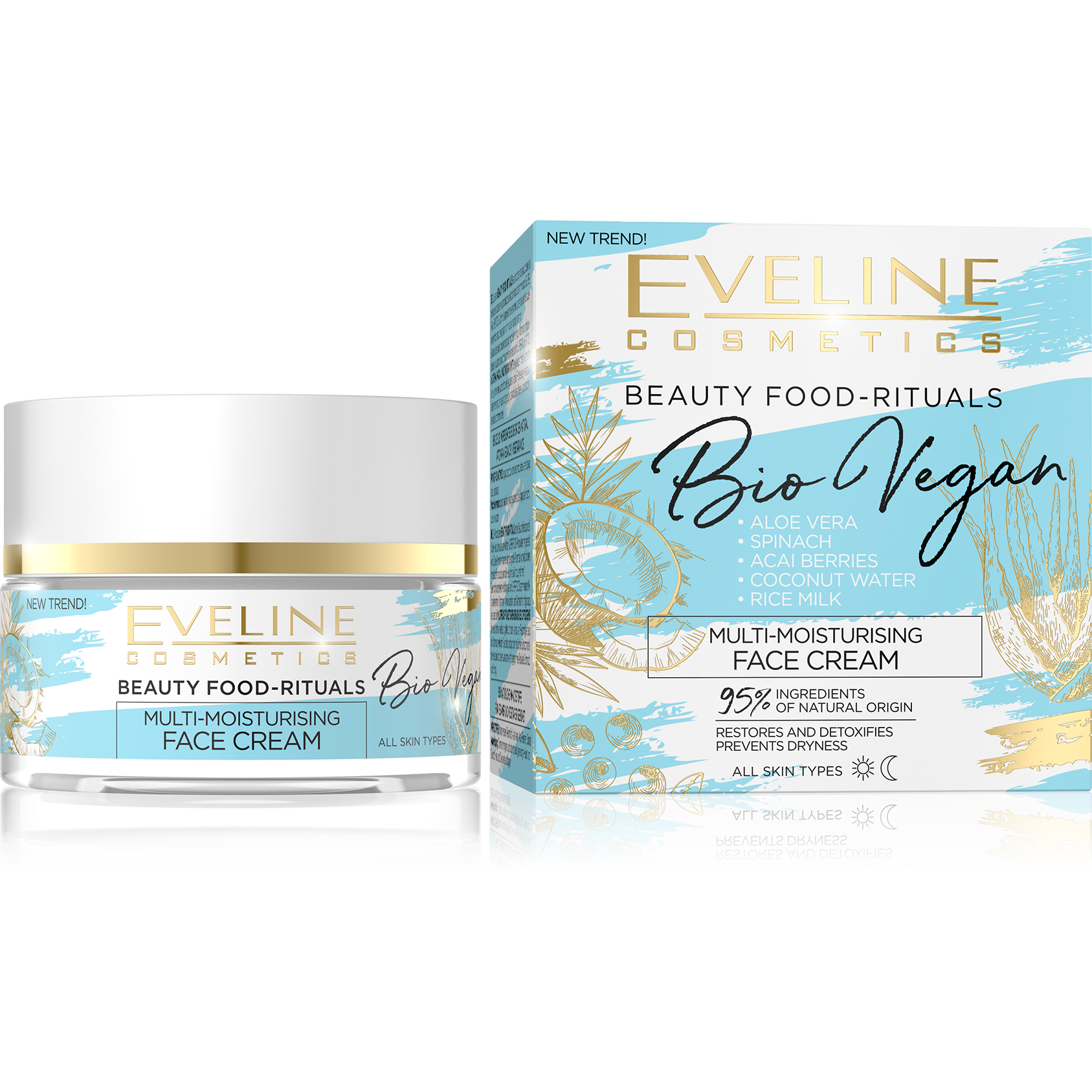 Kem trắng da thiên nhiên Eveline Bio Vegan Multi-Moisturising Day and Night sữa dừa,rau bina chống lão hoá, làm mịn và ngăn ngừa mất nước từ lớp biểu bì, sáng da tự nhiên (Hũ 50ml)