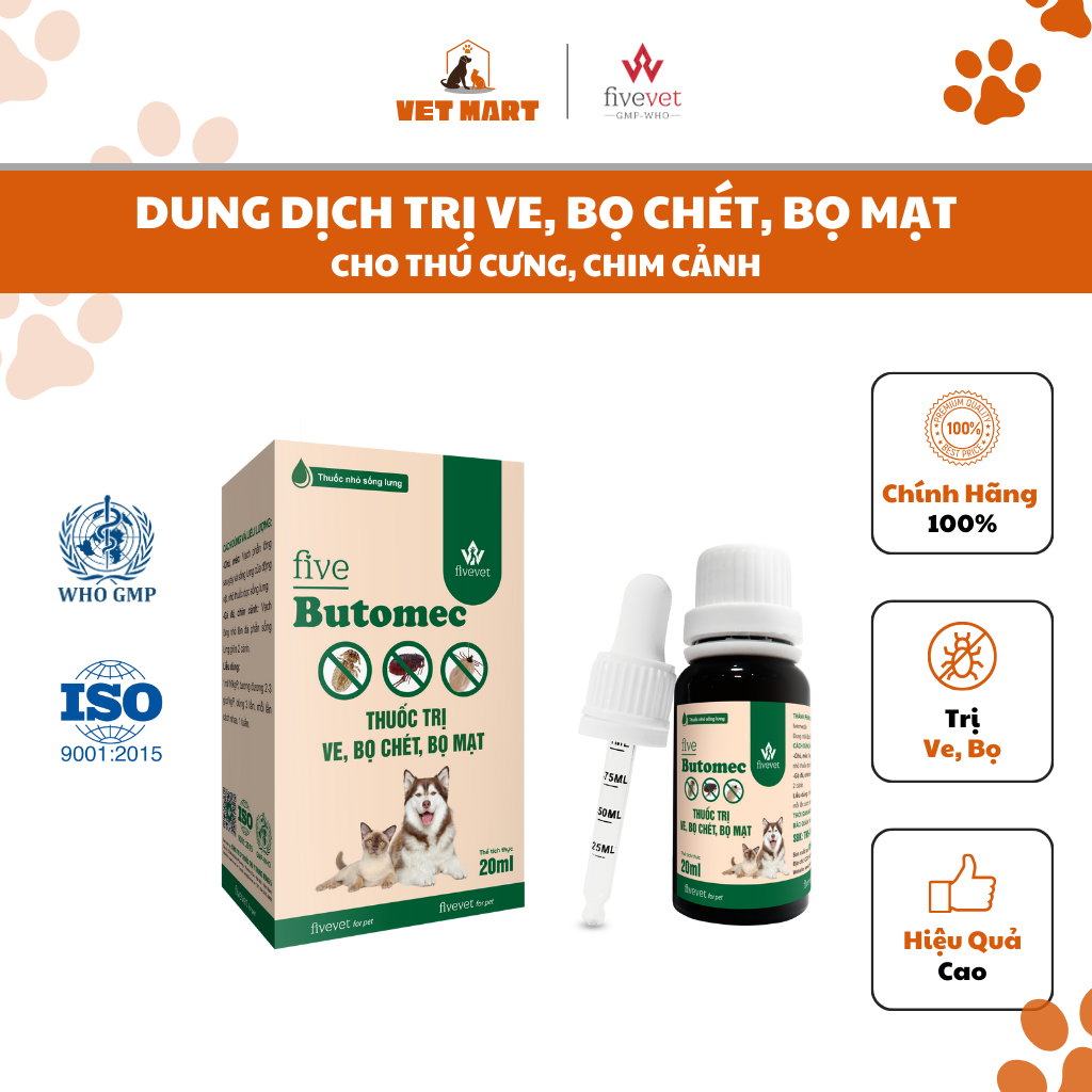 Lọ Nhỏ Trị Ve, Bọ Chét, Bọ Mạt Cho Thú Cưng - five Butomec for pet 20ml
