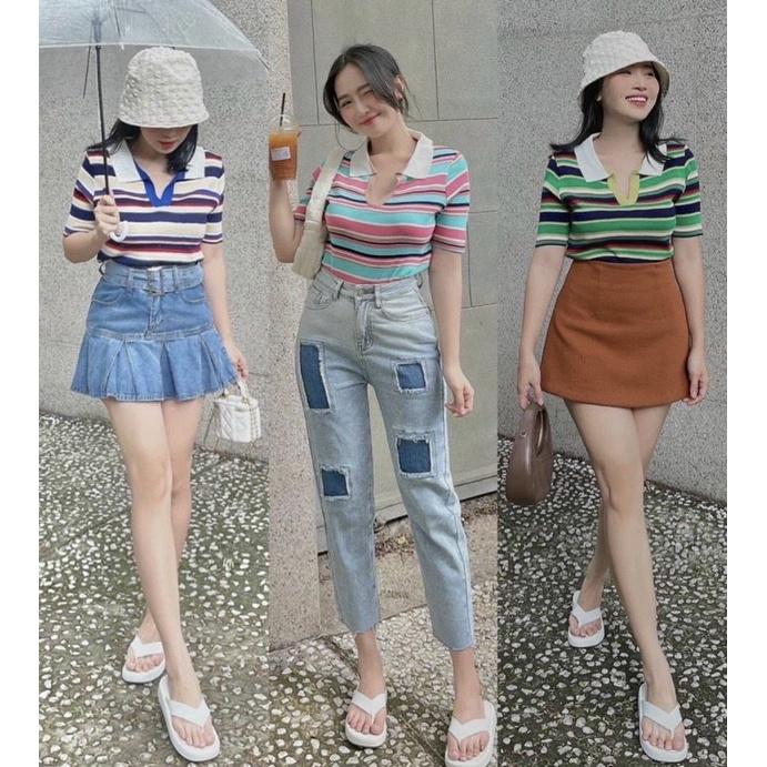 Áo len polo kẻ ngang sắc màu