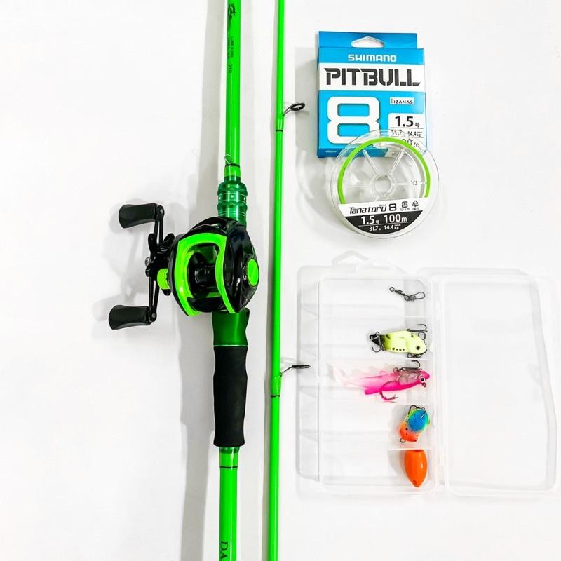 Bộ cần câu lure ngang carbon Red Wolf xanh lá máy câu ngang Xanh lá tặng bộ mồi câu và dây pe