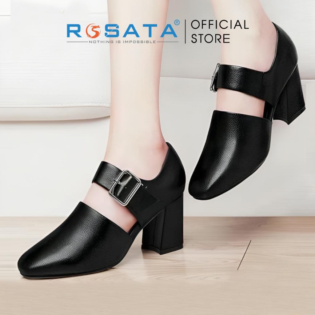 Giày boot ROSATA RO224 bốt nữ cổ thấp mũi nhọn quai cài khóa ngang dây to gót cao 7cm màu đen xuất xứ Việt Nam - Đen