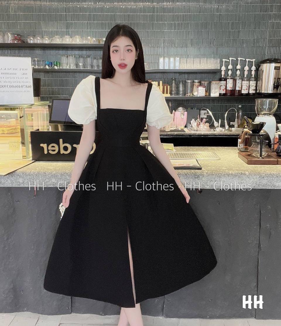 ĐẦM ĐEN CỔ U TAY BỒNG NGẮN