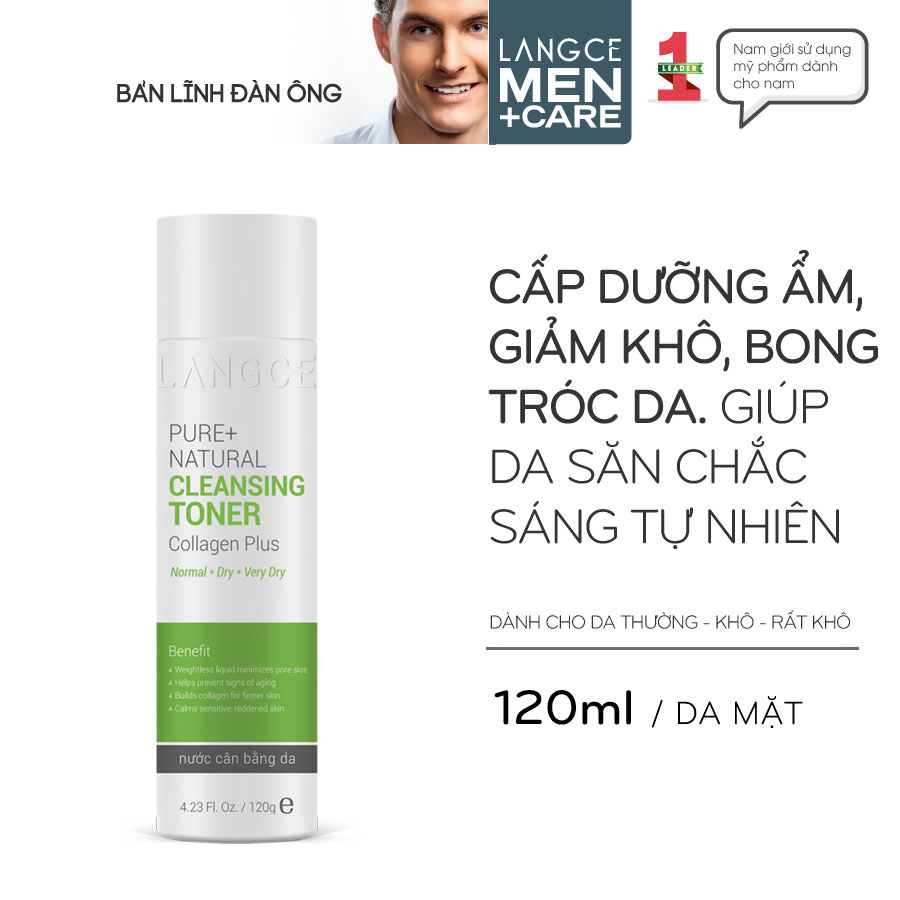 Toner - Nước Cân Bằng Da Collagen+ Tự Nhiên 120ml Da Khô - Tem Xanh cho Nam TẶNG Gel Vệ Sinh Vùng Kín Nam 100ml LANGCE