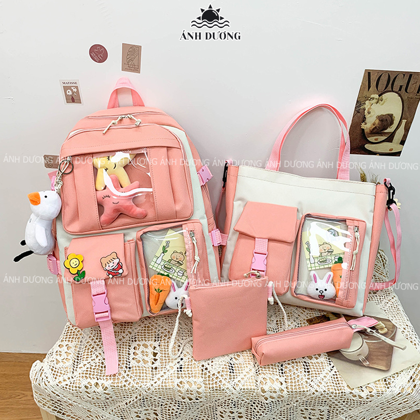 Balo nữ set 4 món đi học đi chơi thời trang hàn quốc Ánh Dương Clothing TB27 cho học sinh sinh viên chống thấm nước tặng kèm phụ kiện trang trí