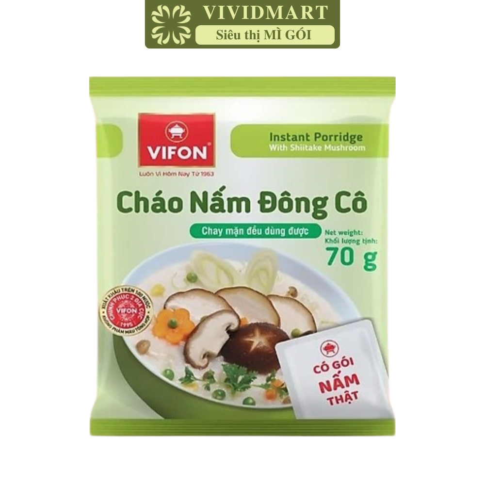 VIFON - Cháo Vifon 70g hương vị Nấm đông cô (có gói nấm thật), Vifon Cháo nấm đông cô, Cháo nấm Vifon (70g/gói)