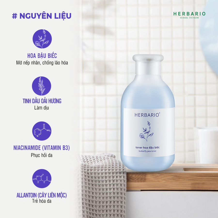 Bộ 3 Hoa Đậu Biếc Herbario chống lão hóa da: Nước tẩy trang 300ml + Toner 200ml + Sữa rửa mặt tạo bọt 100ml