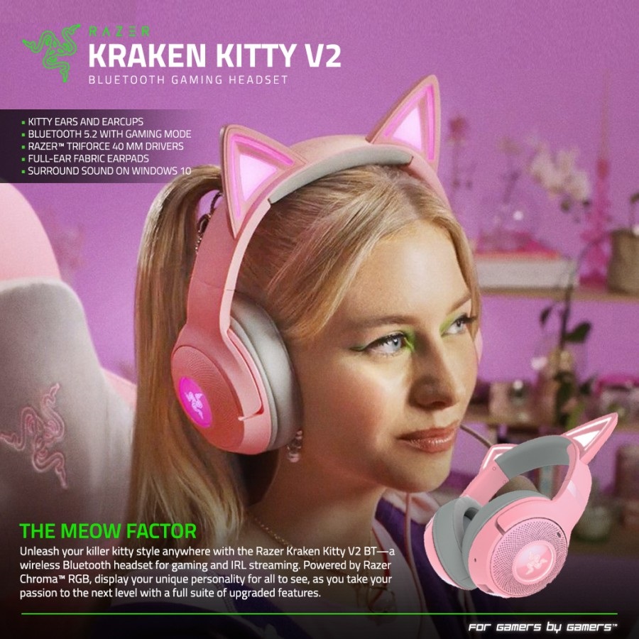 Tai nghe không dây choàng đầu Razer Kraken Kitty V2 BT-Hồng(Quartz Edition)-Wireless Bluetooth RGB Headset with Kitty Ears_Mới, hàng chính hãng